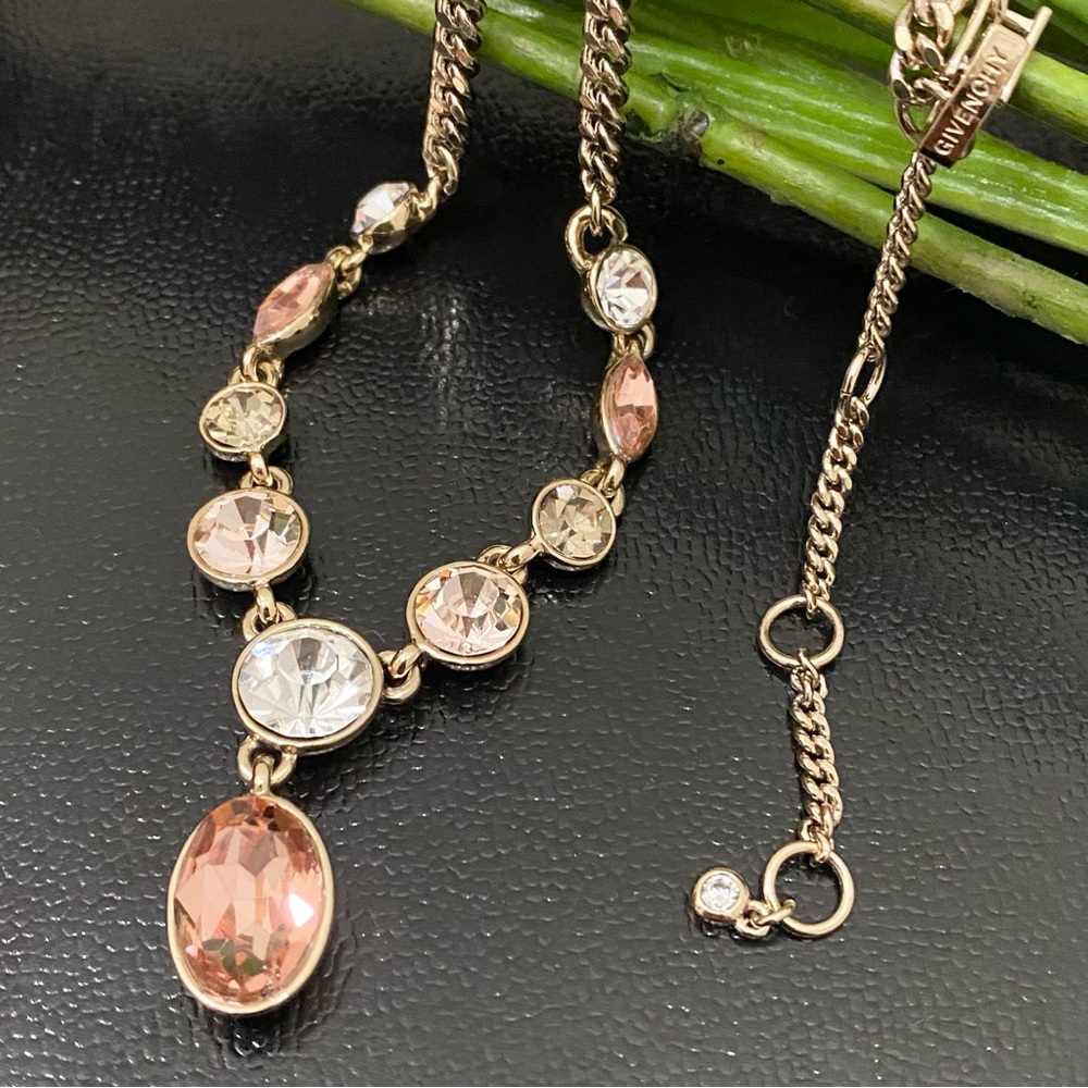 GIVENCHY Signed Gold -Tone Rivoli Peach Clear Rhinestone Crystal Y Necklace